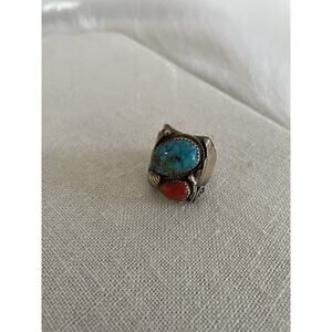 Vintage Old Pawn Cast Signet Ring Size 10.5 Silver Turquoise Coral